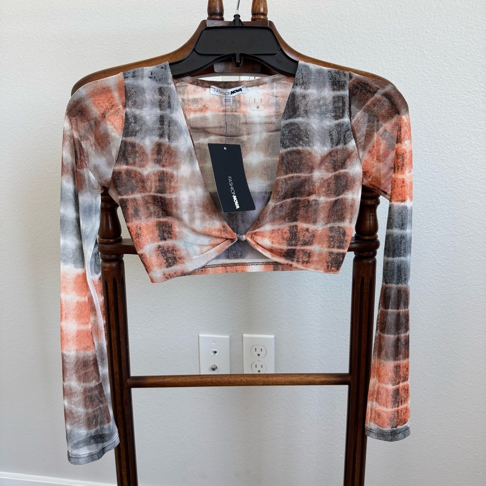 NWT Fashion Nova Mesh Crop Top XS Tie Front Long Sleeve Brown Orange Print